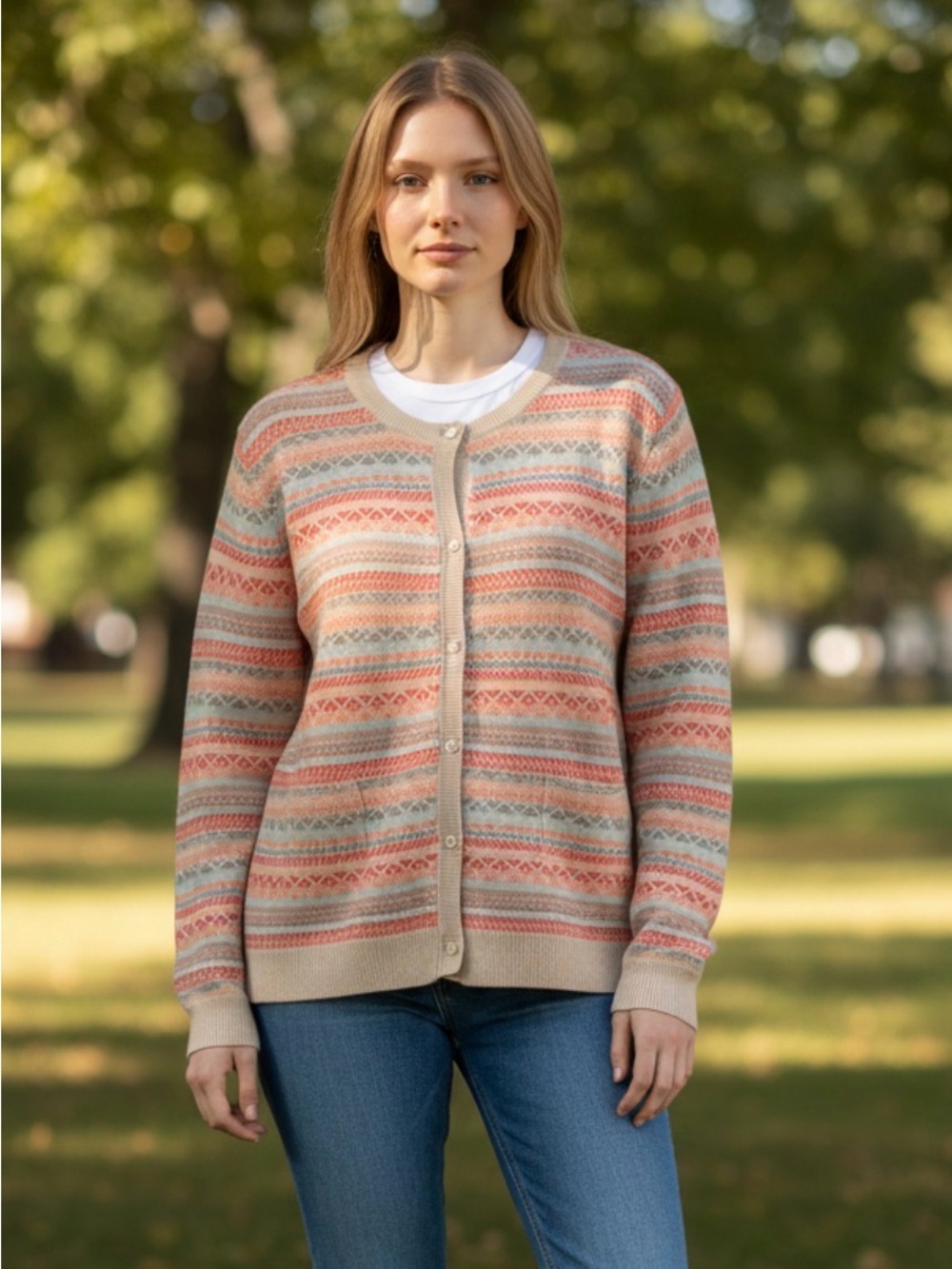 croft & barrow Cream Cardigan with Coral and Light Blue Fair Isle Stripes